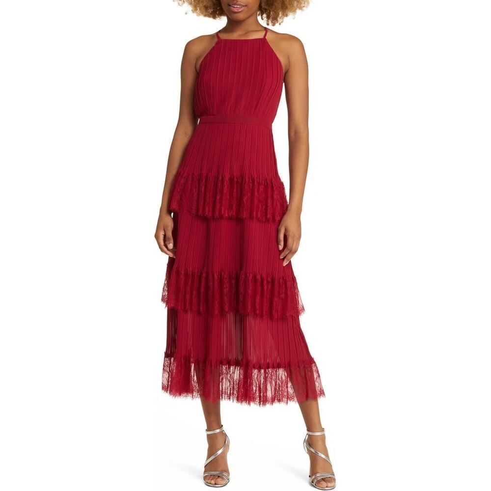Lulus Came for Cocktails Midi Dress Women's Small Red Lace Tiered Sleeveless